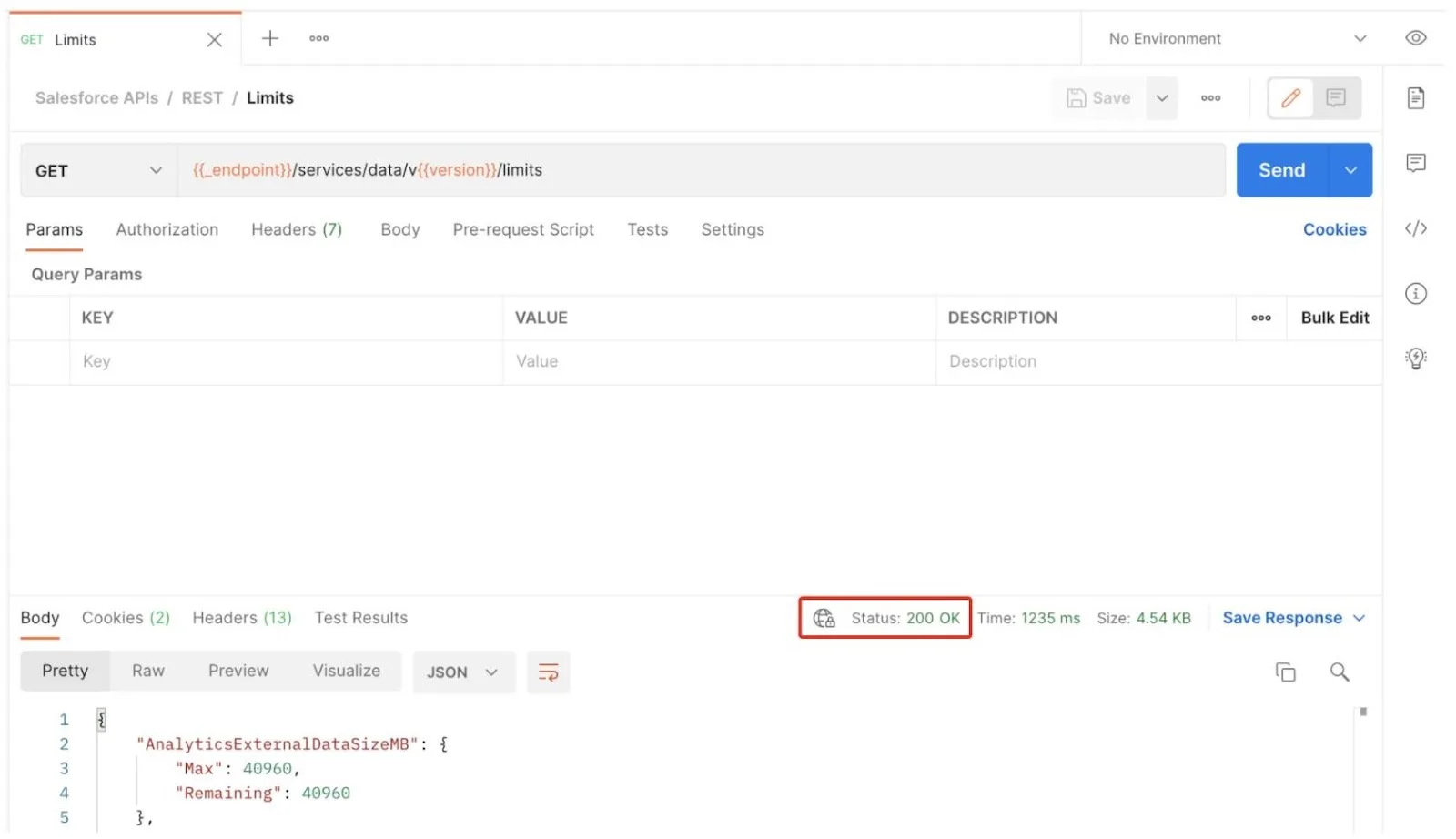 Postman GET Limits tab with Body response displayed in the main panel. Status shows 200 OK.