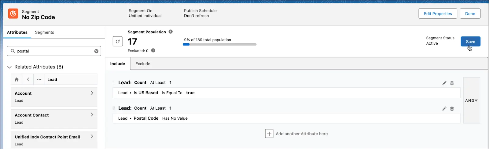 Segment population 17 with cursor clicking the Save button.