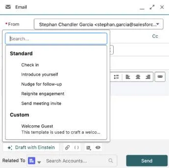 Sending an email using the Draft with Einstein Sales Emal Prompt Template listed.