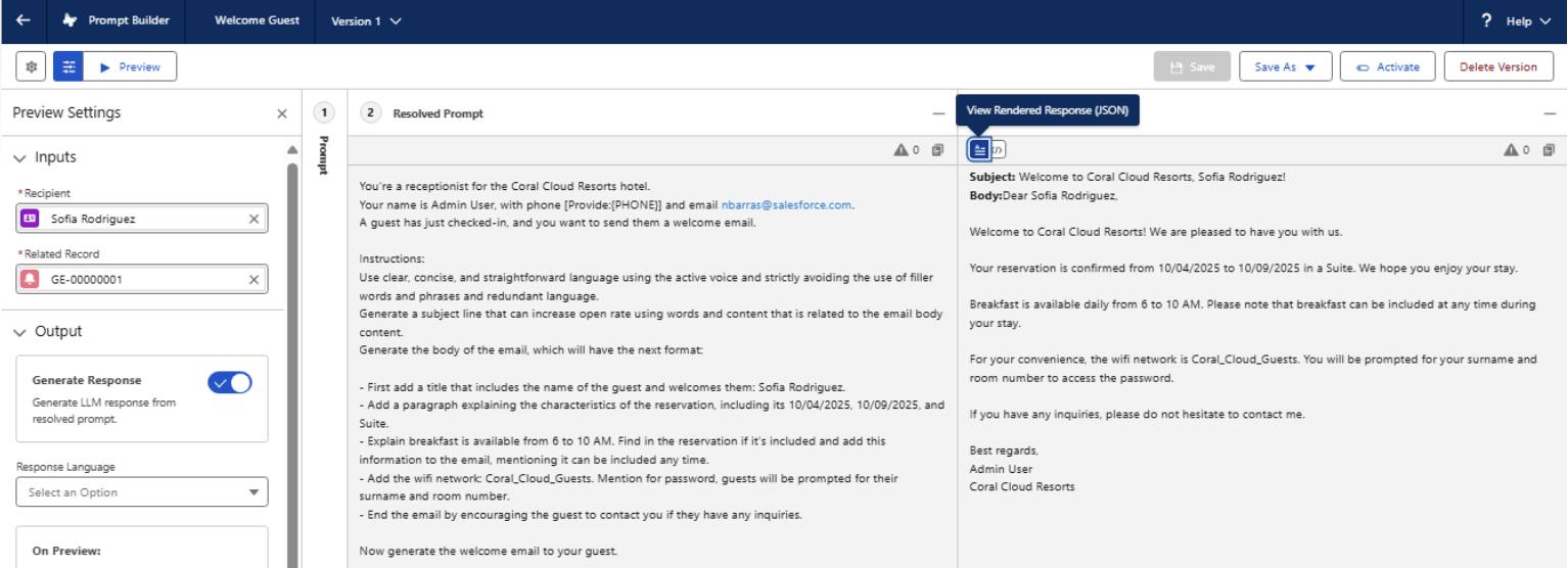 Prompt Builder with the View Rendered Response button highlighted.