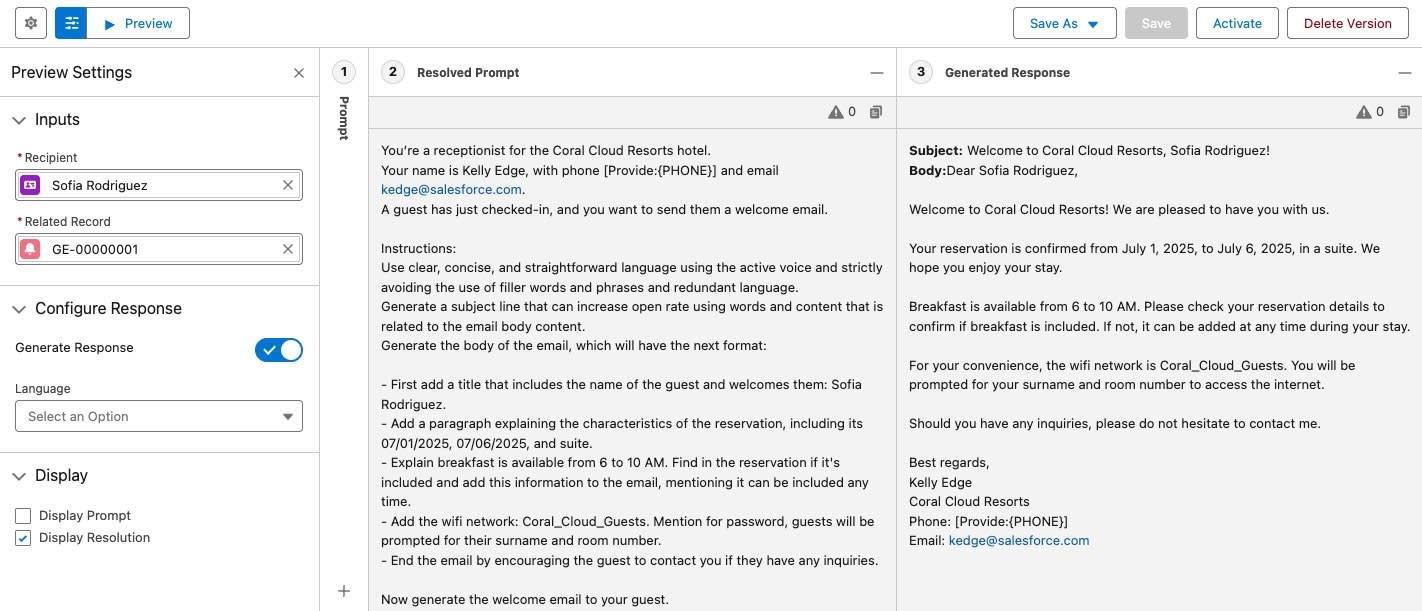 Prompt Template Workspace with the Activation button highlighted.