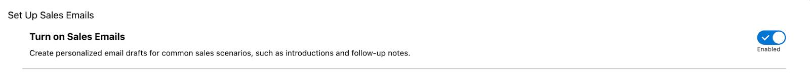 适用于销售的 Einstein 页有一个启用销售电子邮件的切换开关。