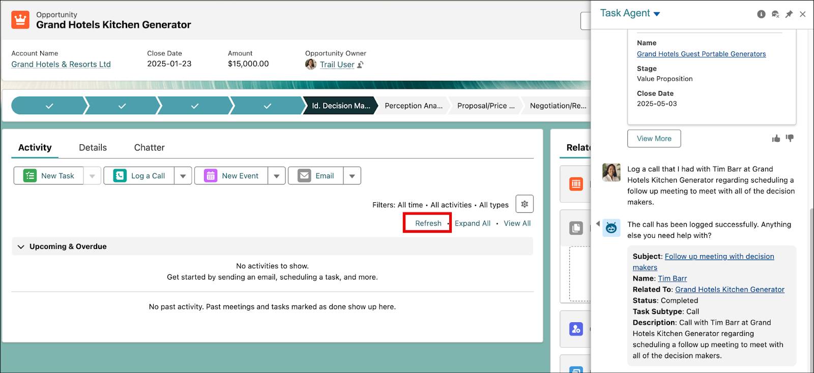Shows the Grand Hotels Kitchen Generator opportunity record with the Refresh button in the Activity section highlighted.