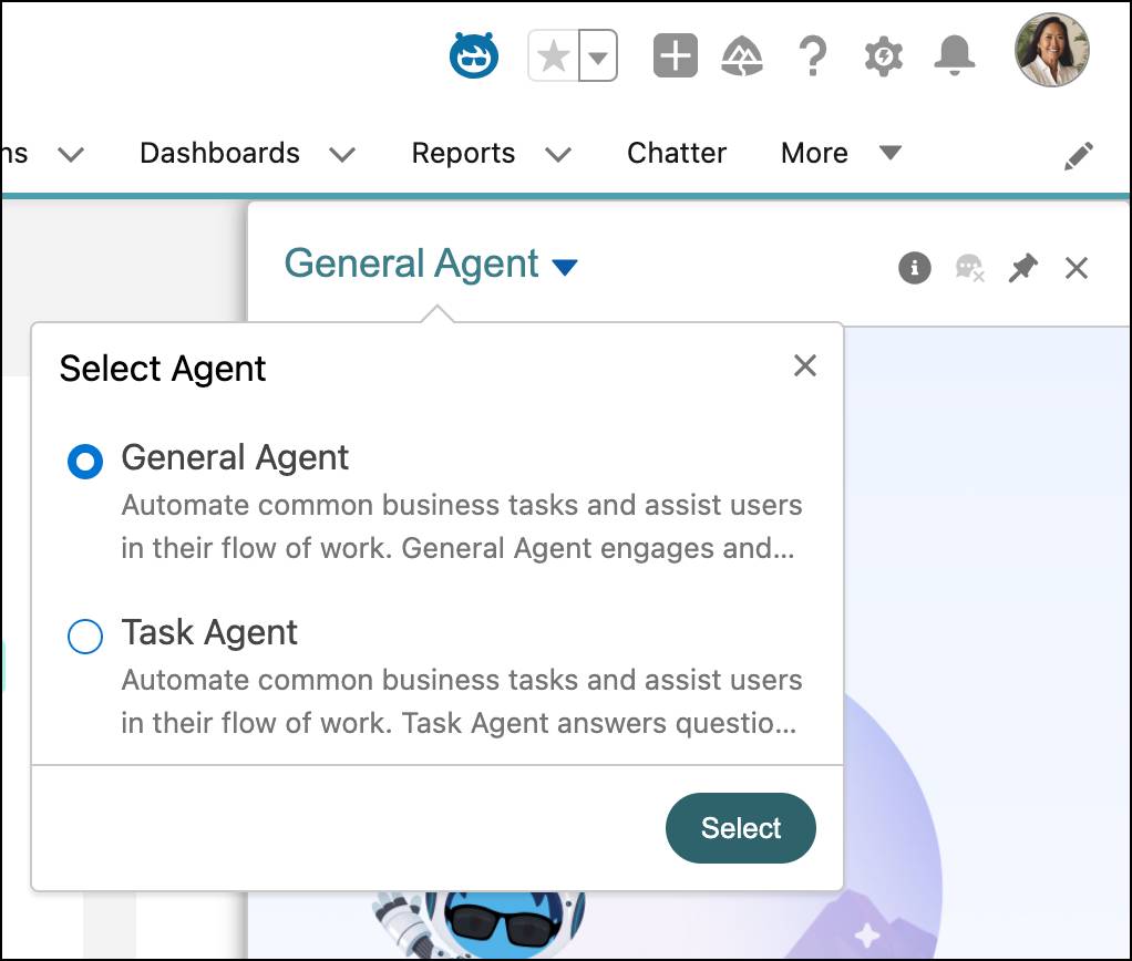 [General Agent (一般エージェント)] か [Task Agent (タスクエージェント)] を選択するための展開されたオプション。