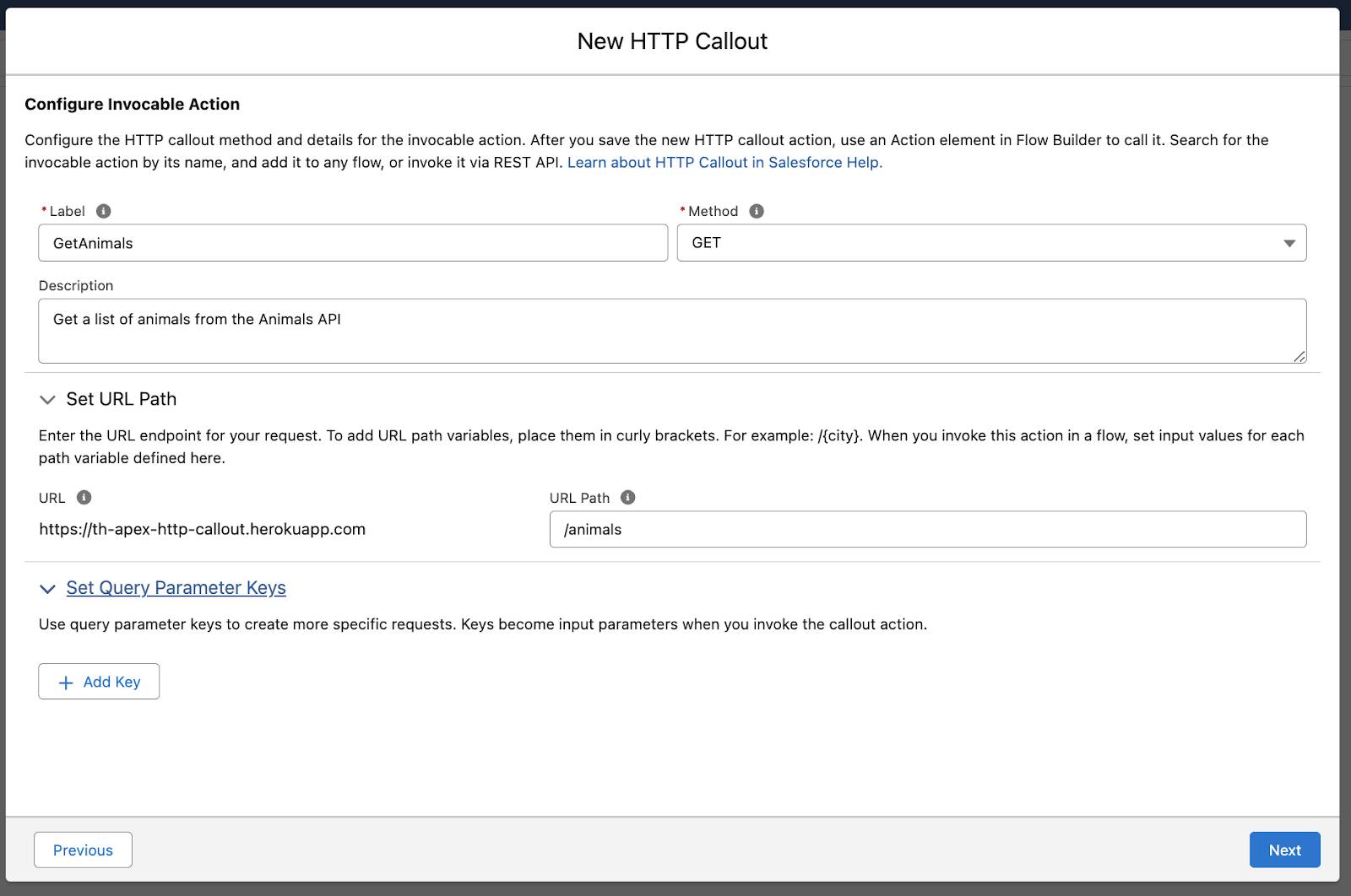 New HTTP Callout window with Label, Method, Description, and URL Path set as stated in steps 8, 9, and 10 above.