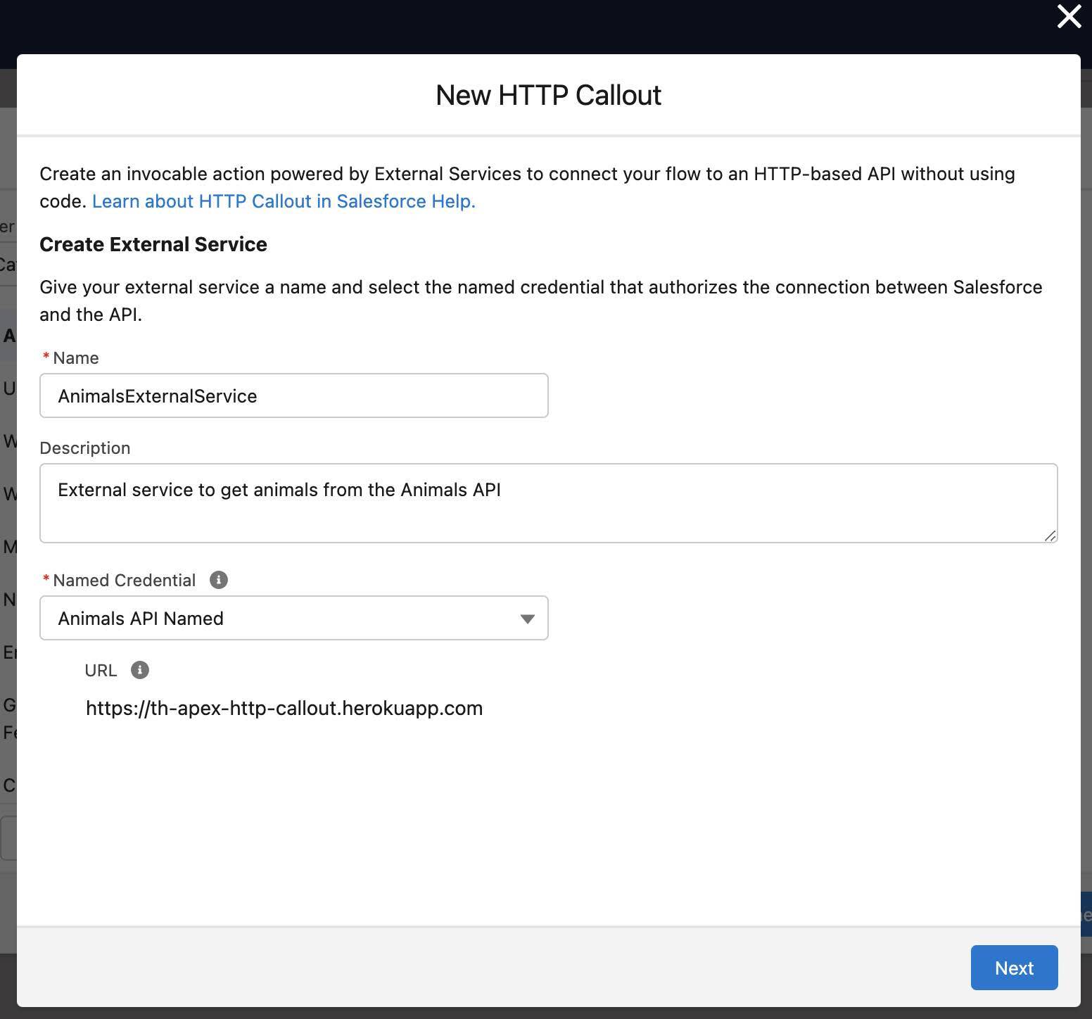 前述のステップ 4、5、6 のとおりに [Name (名前)]、[Description (説明)]、[Named Credential (指定ログイン情報)] が設定されている [New HTTP Callout (新規 HTTP コールアウト)] ウィンドウ。