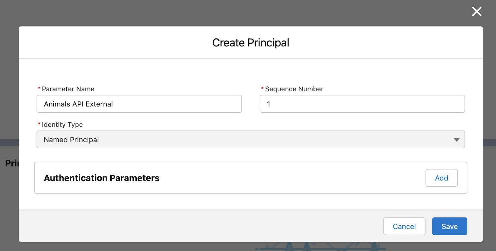 Create Principal window with Parameter Name set to Animals API External, Sequence Number 1 and Identity Type Named Principal.