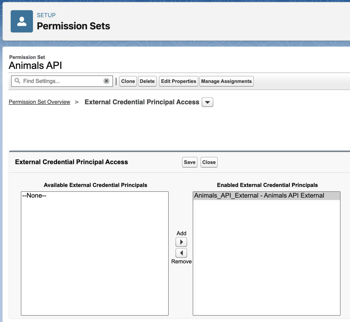 Animal API permission set with External Credential Principal Access settings displayed showing 'Animals_API_External - Animals API External' in the Enabled External Credential Principals box.