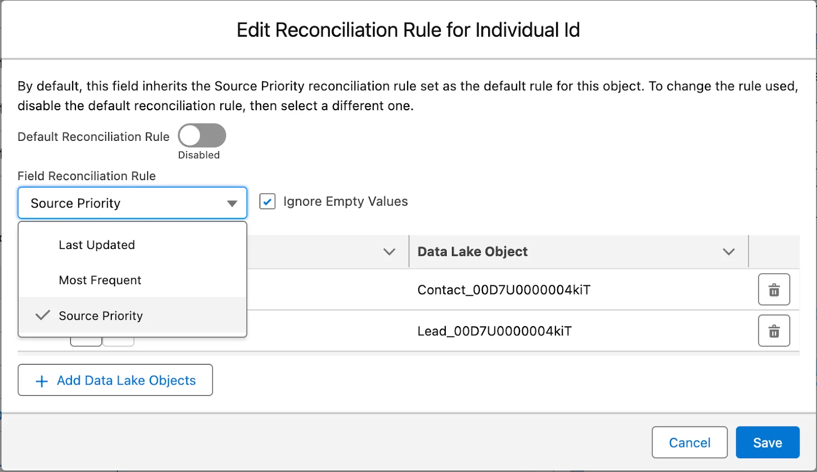 Screenshot of the appropriate setup of the Field Reconciliation Rule.