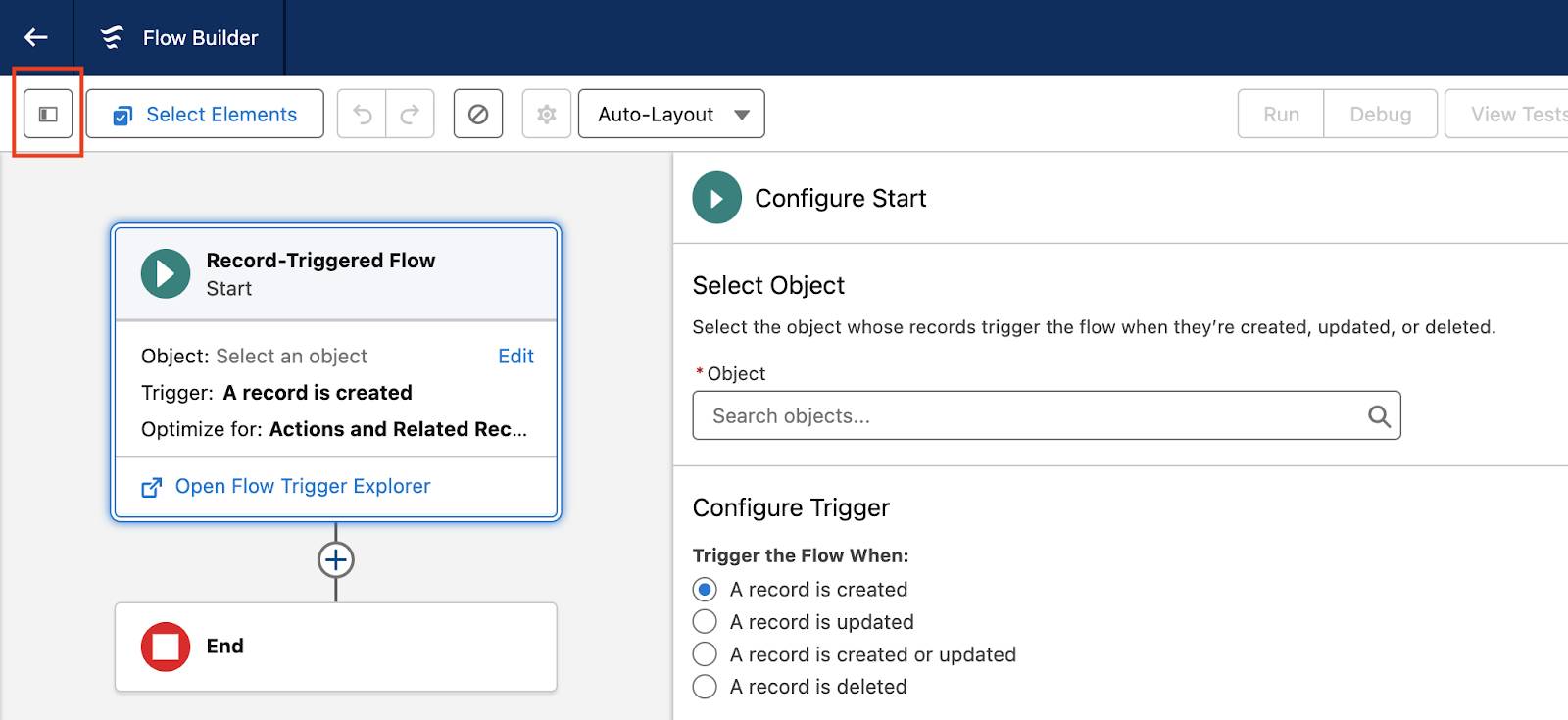 The Flow Builder canvas with the Toggle Toolbox button in the toolbar.