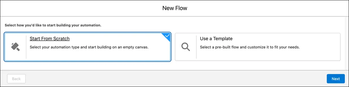 Flow Builder menu with new flow options. Start from Scratch is highlighted.