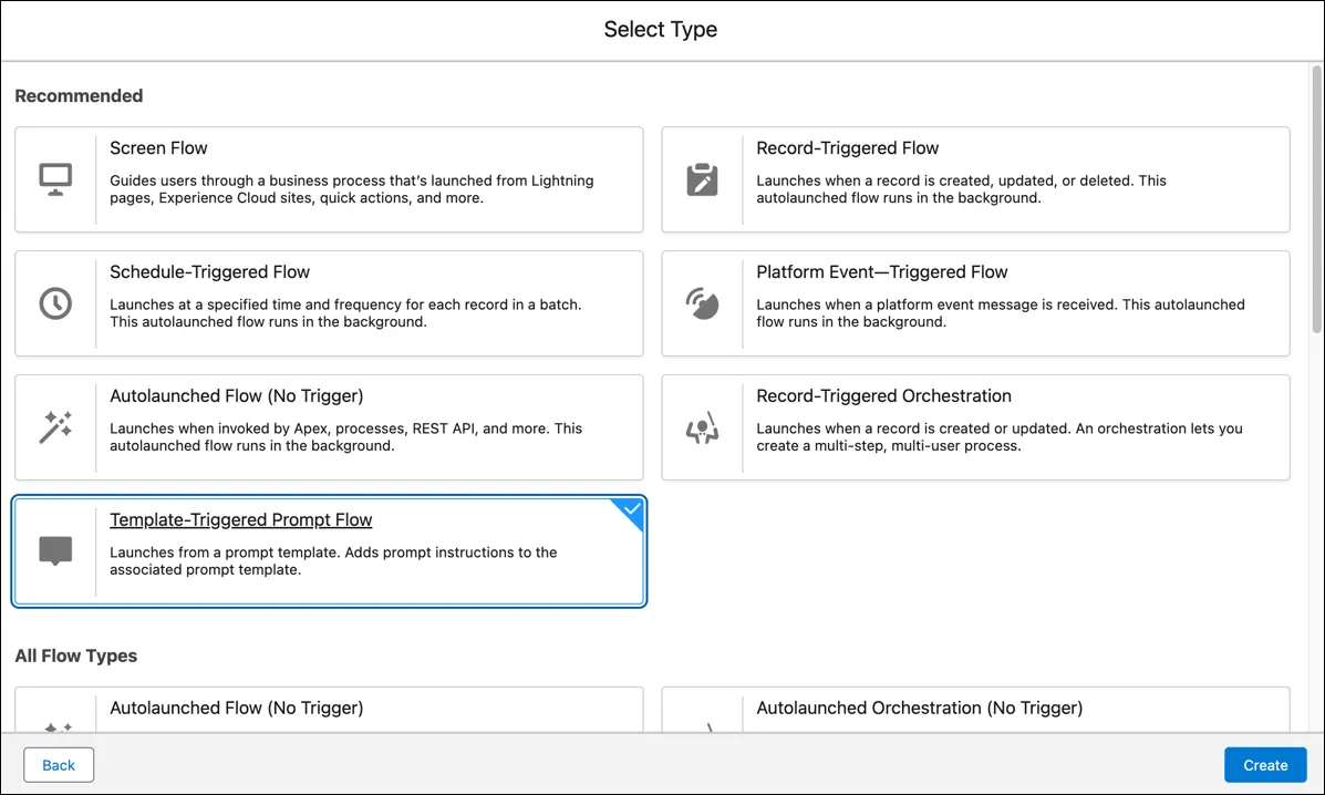 Flow Builder Menu with flows options. Template-Triggered Prompt Flow is highlighted.