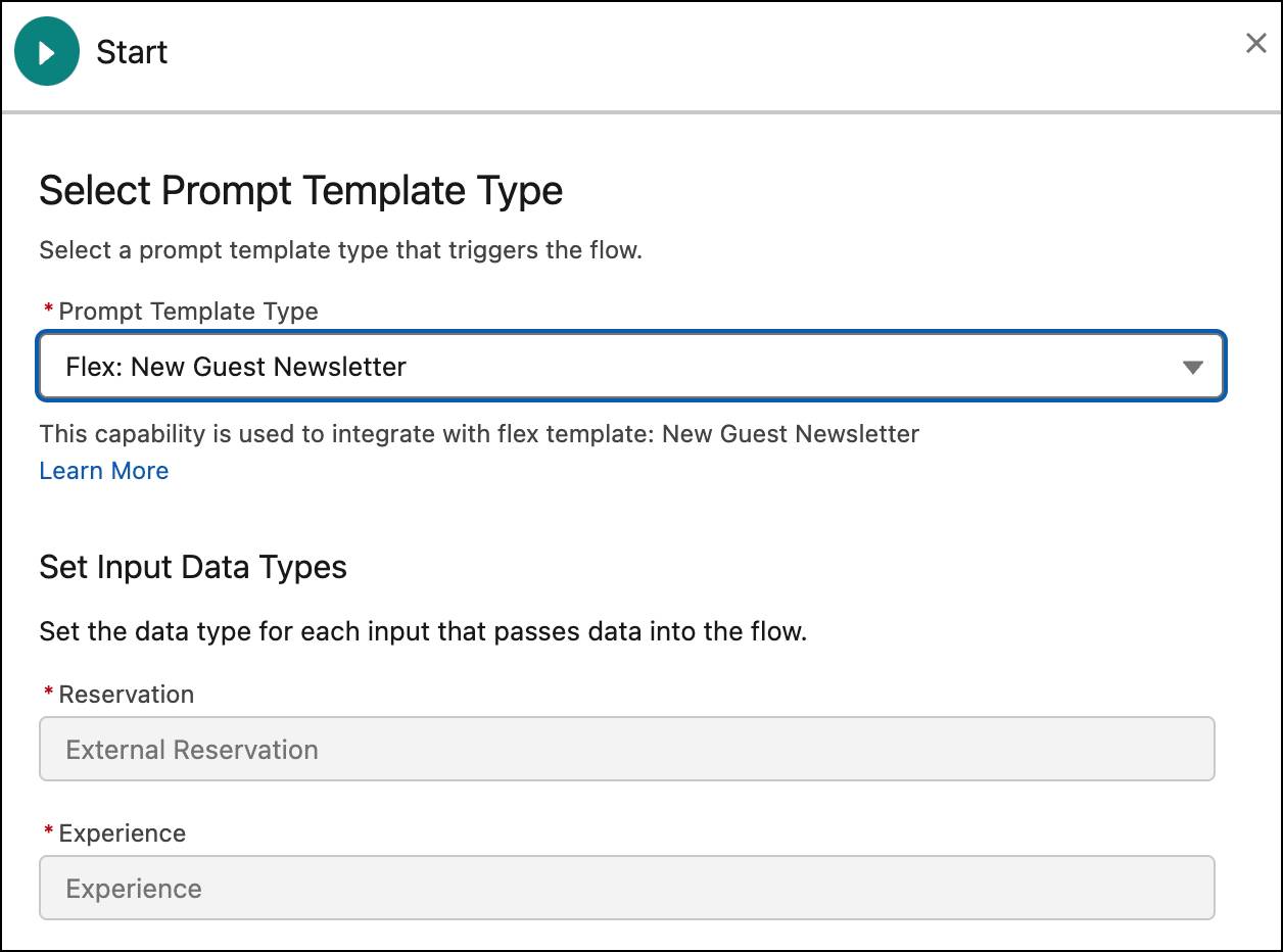 Dans Flow Builder, le menu de sélection du type de modèle de réplique est ouvert. Le modèle de réplique New Guest Newsletter (Newsletter pour les nouveaux clients) est sélectionné.