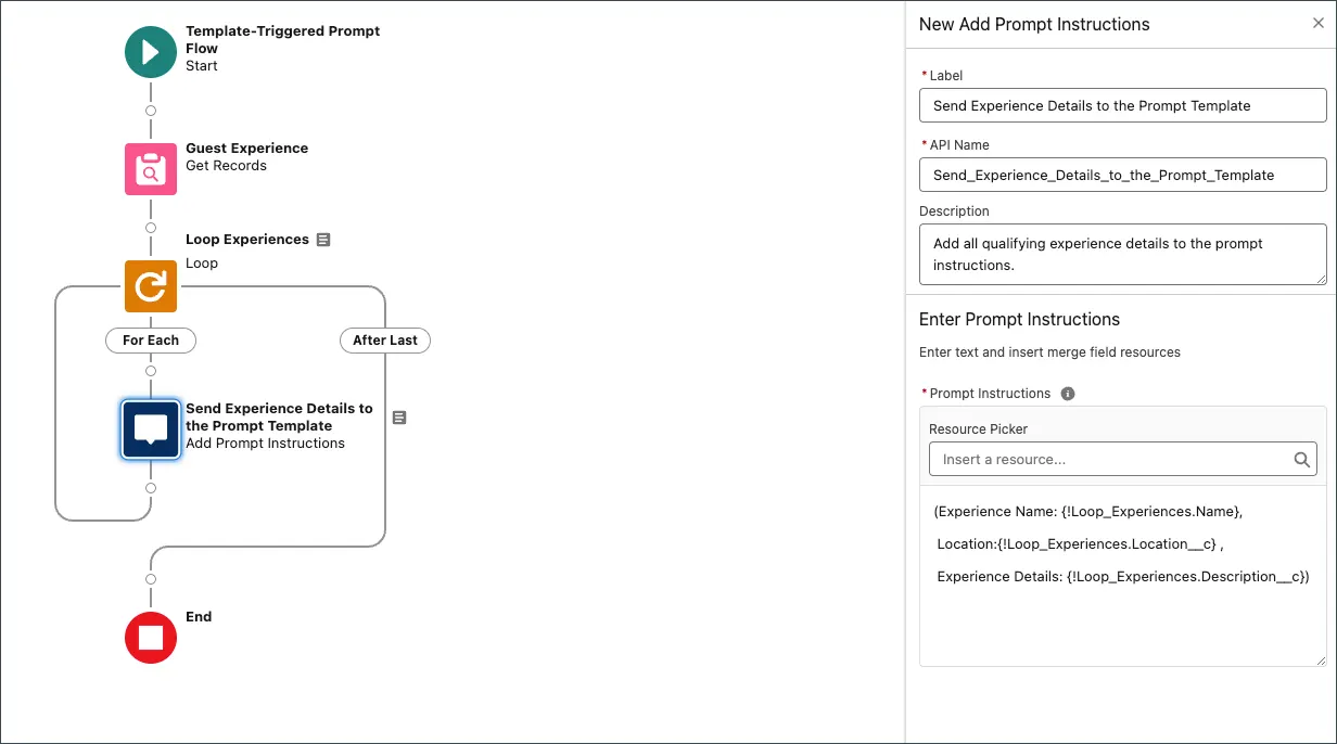 最終的な Get Experience Newsletter Data (体験ニュースレターデータの取得) フローが表示されている Flow Builder。