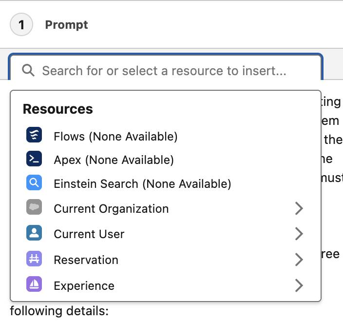 Resources Picklist displaying the list of resources. Flows, Apex, Current Organization, Current User, Reservation, Experience