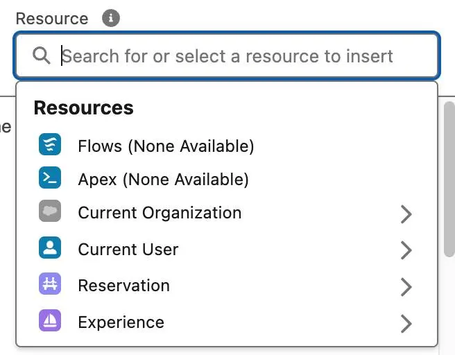 リソースのリストが表示されている [Resources (リソース)] 選択リスト。Flows (フロー)、Apex、Current Organization (現在の組織)、Current User (現在のユーザー)、Reservation (予約)、Experience (体験)