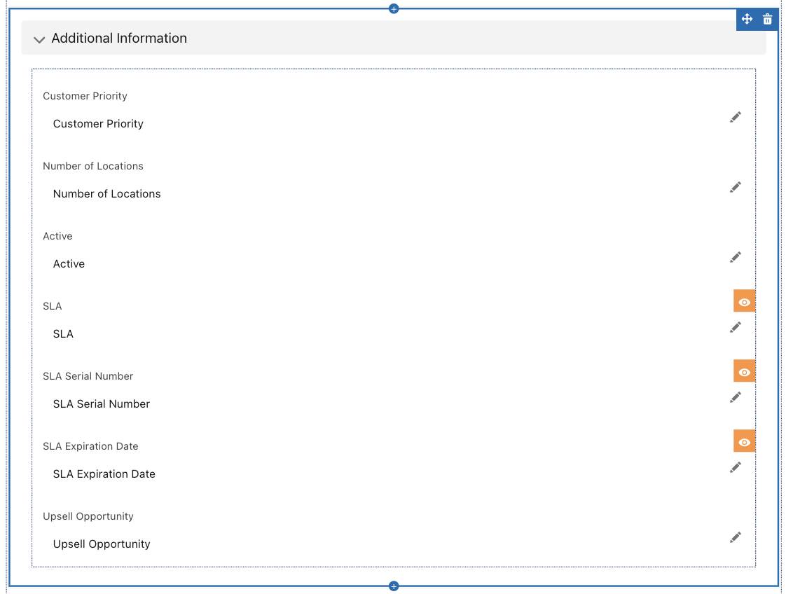 SLA, SLA Serial Number, and SLA Expiration Date fields denoted with orange eye icons to indicate a visual filter has been applied.