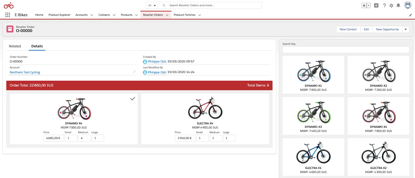 Reseller order record page that lets you add products (bikes) to a reseller order.