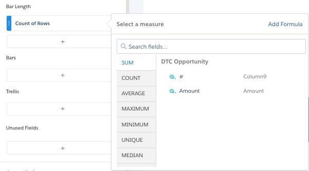 Clicking Count of Rows opens a box where you select Sum and then Amount