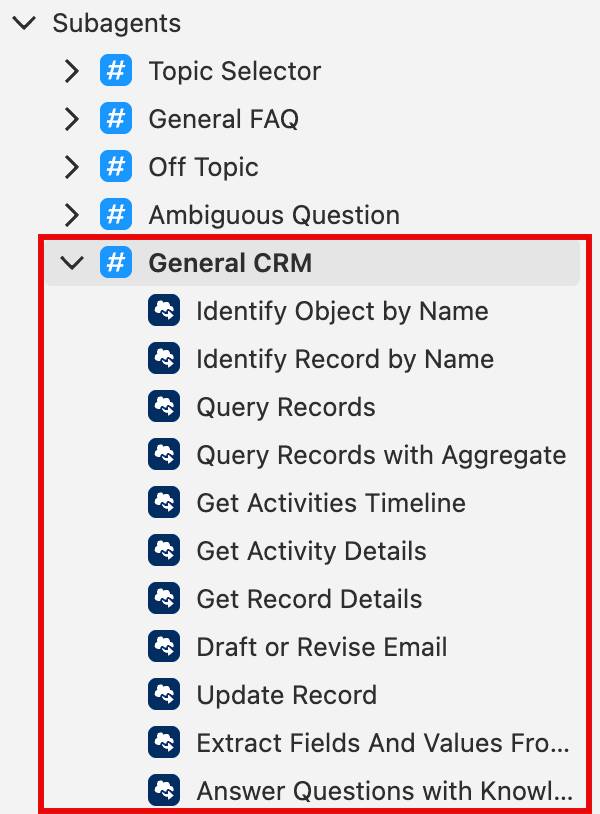 The General CRM subagent expanded to show a long list of included standard actions.