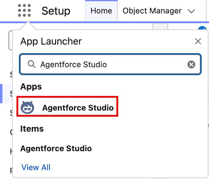 App Launcher showing the Agentforce Studio app selected.