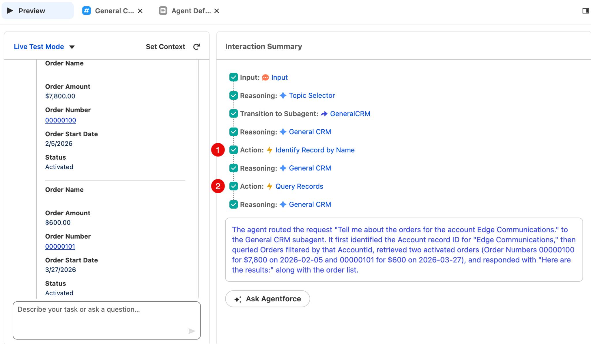 The results from the agent query in the Live Test Mode pane, and the corresponding steps the agent took to return the results in the Interaction Summary pane.