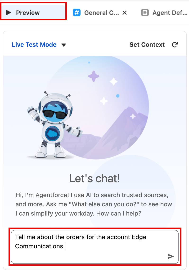 The Live Test Mode pane showing the Preview button and agent query highlighted.