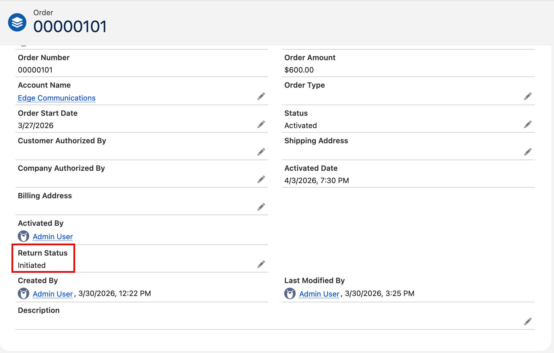On the Details tab of order 00000101, the Return Status field says Initiated.