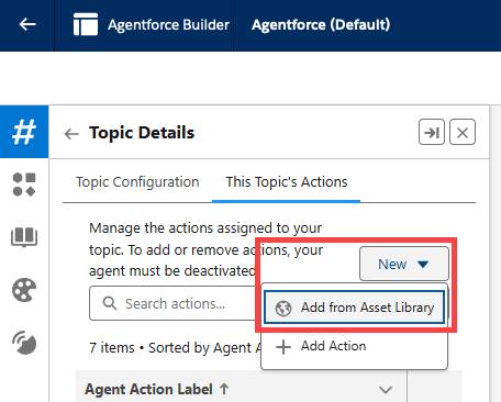 Under This Topic’s Actions, the New button displays the Add from Asset Library menu item.