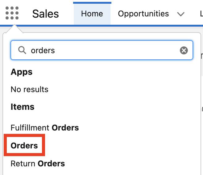 App Launcher with Orders highlighted.