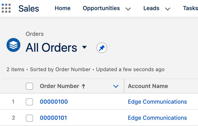 The Sales app Orders tab showing two orders for Edge Communications.