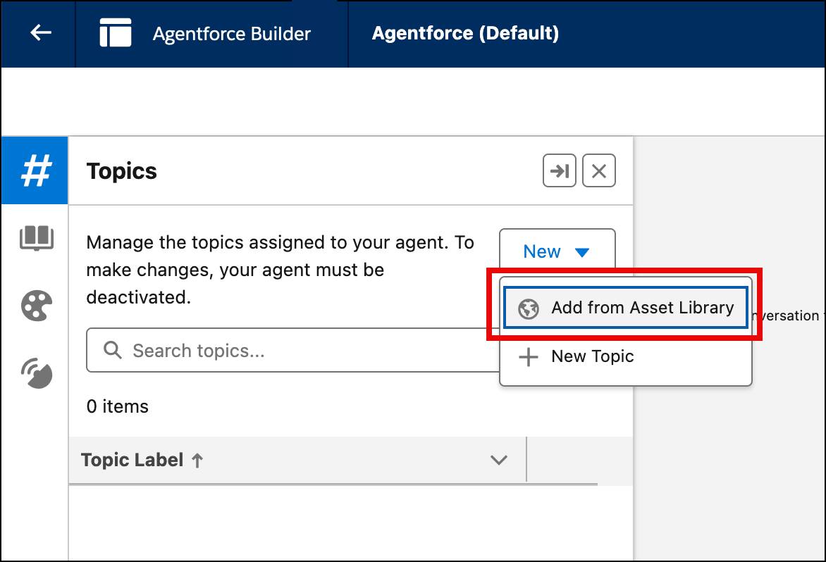 Met en évidence la sélection de l’option Add from Asset Library (Ajouter depuis la Bibliothèque d’actifs) lors de l’ajout d’une nouvelle rubrique