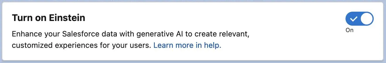 Einstein をオンにする切り替えが表示されている Einstein の設定ページ。
