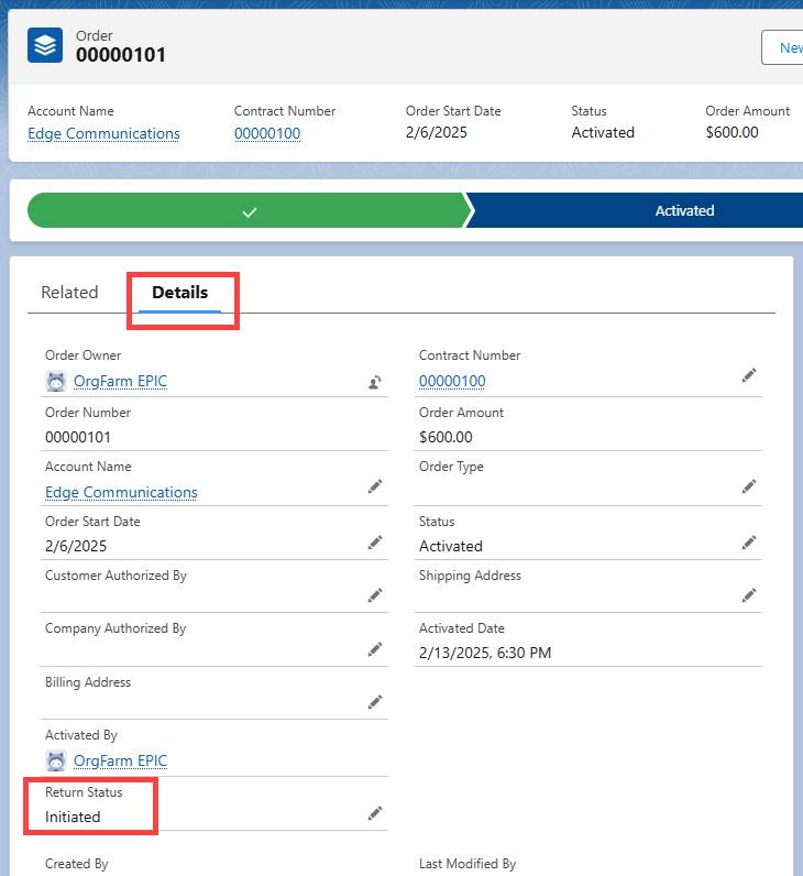 在订单 00000101 的 Details（详细信息）选项卡中，Return Status（退货状态）是 Initiated（已启动）。