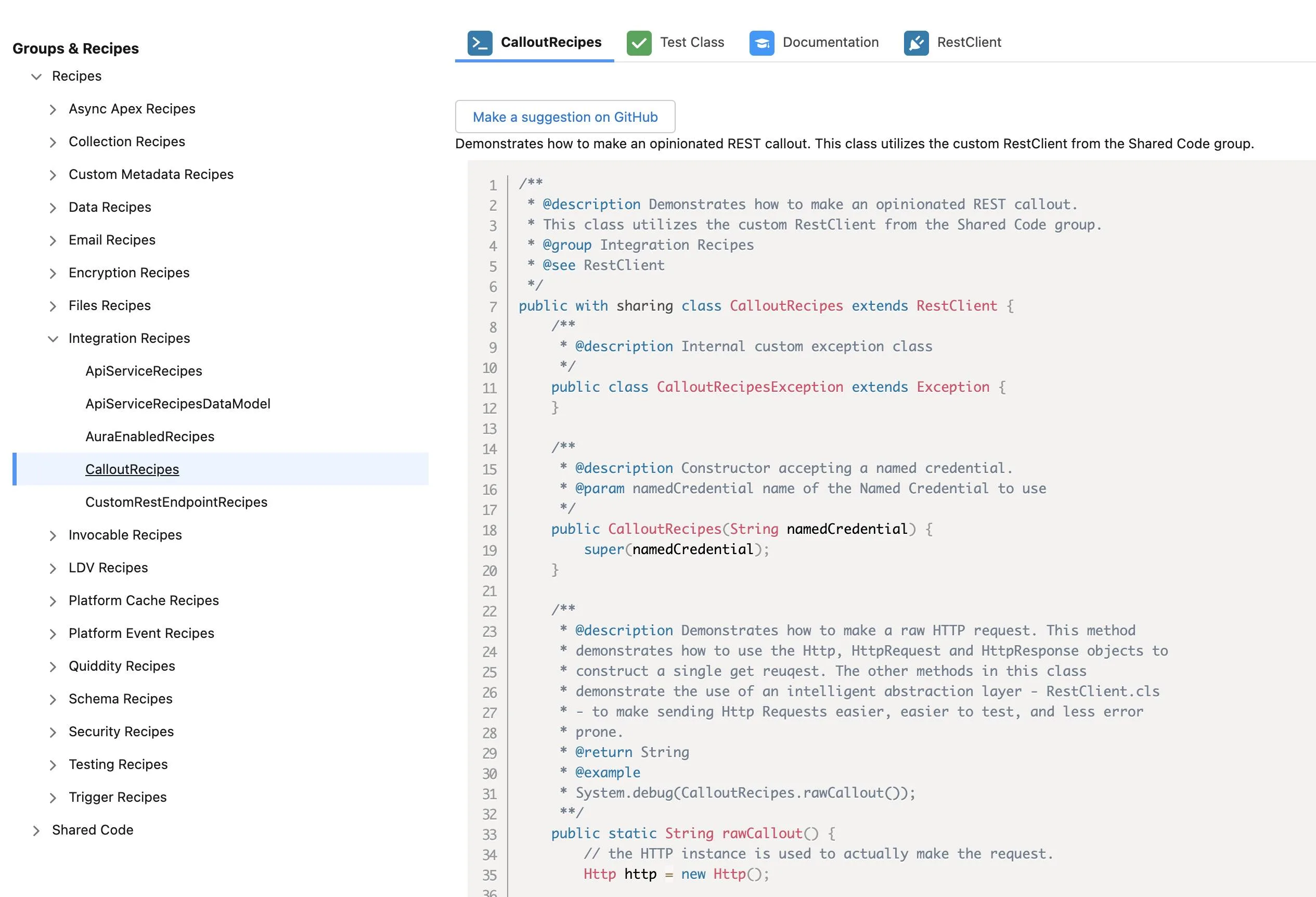 Code viewer for Apex Recipes showing the CalloutRecipes class.