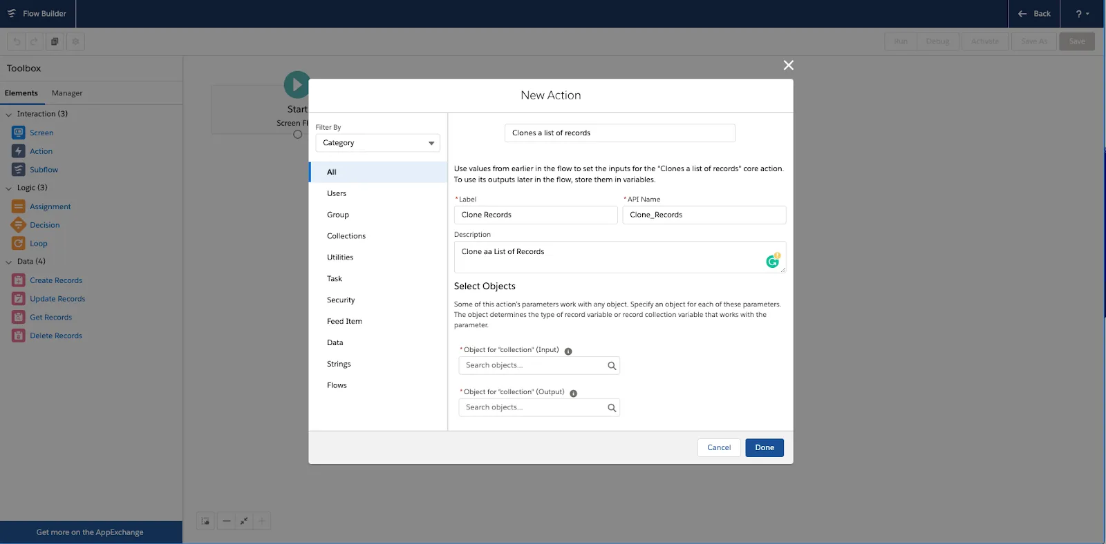 The flow invocable action with its variables in the Flow Builder