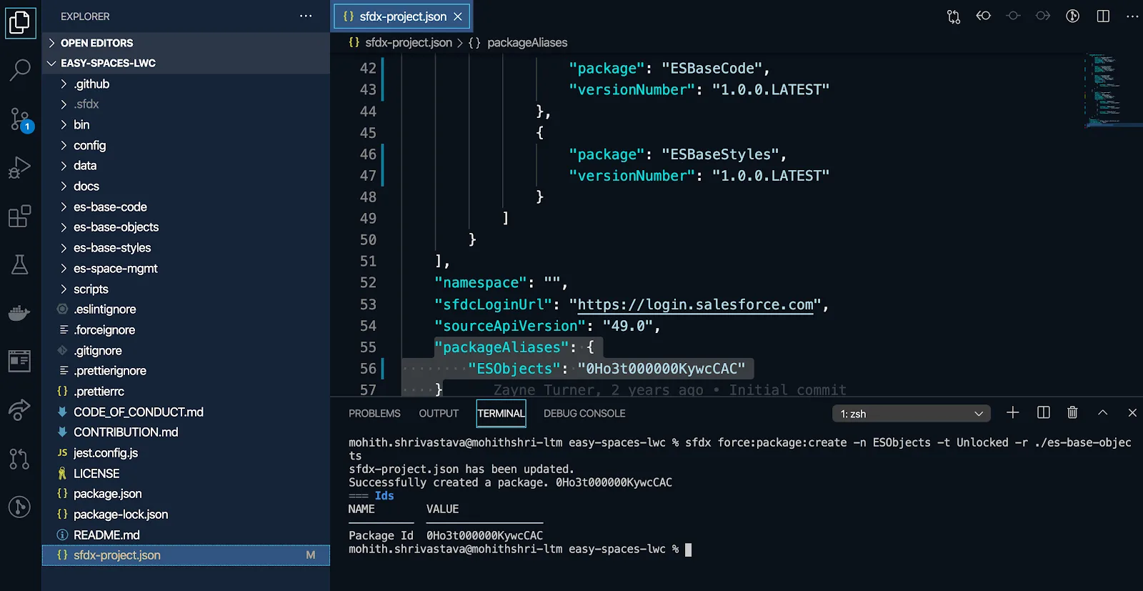 Integrated Terminal where we execute package creation and package version commands