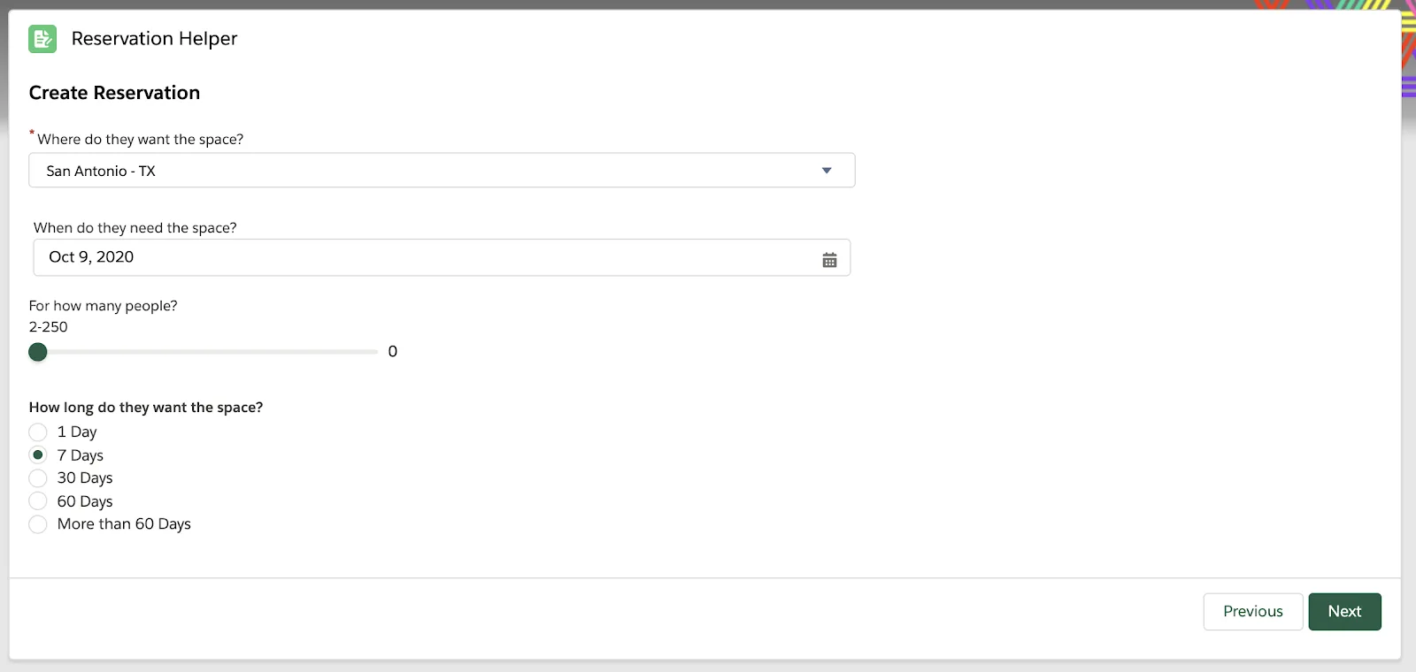 Create Reservation form where you provide inputs for drafting reservations for selected lead or contact