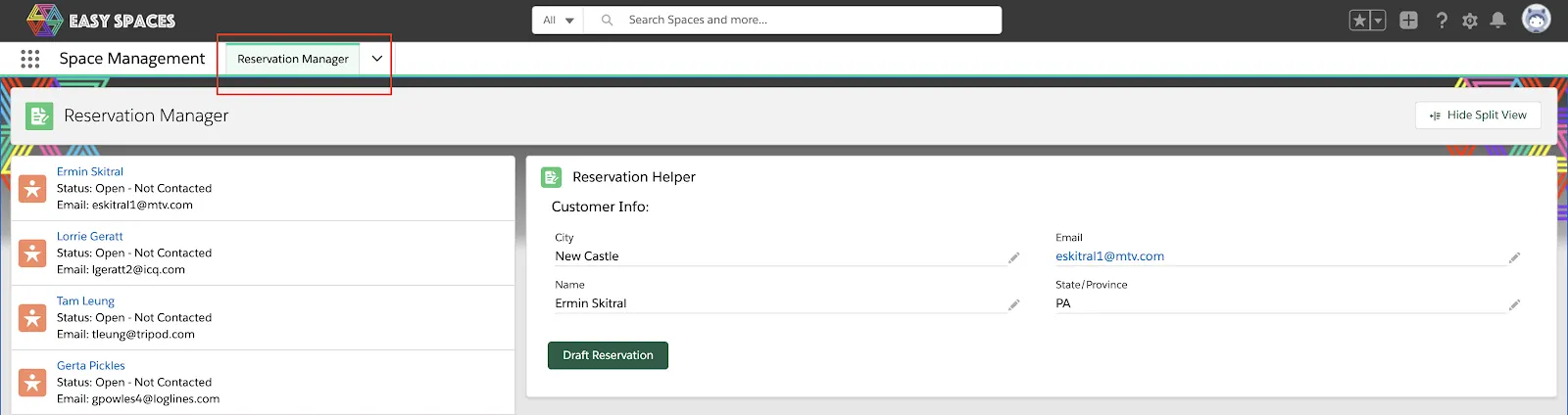 Reservation Manager navigation item is selected from the navigation menu of the Salesforce Console App