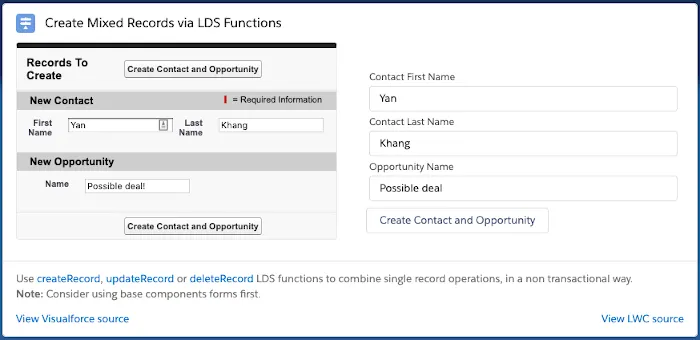 The Create Mixed Records via LDS Functions example has three inputs (first name, last name, and opportunity name) and a Create Contact and Opportunity button. There is a Visualforce implementation and a Lightning web component.