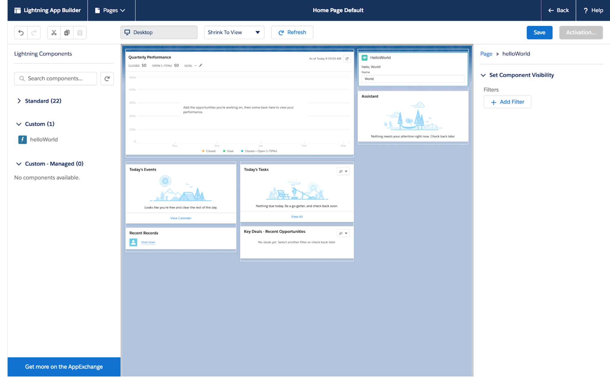 Lightning App Builder with HelloWorld lightning web component on the right column.