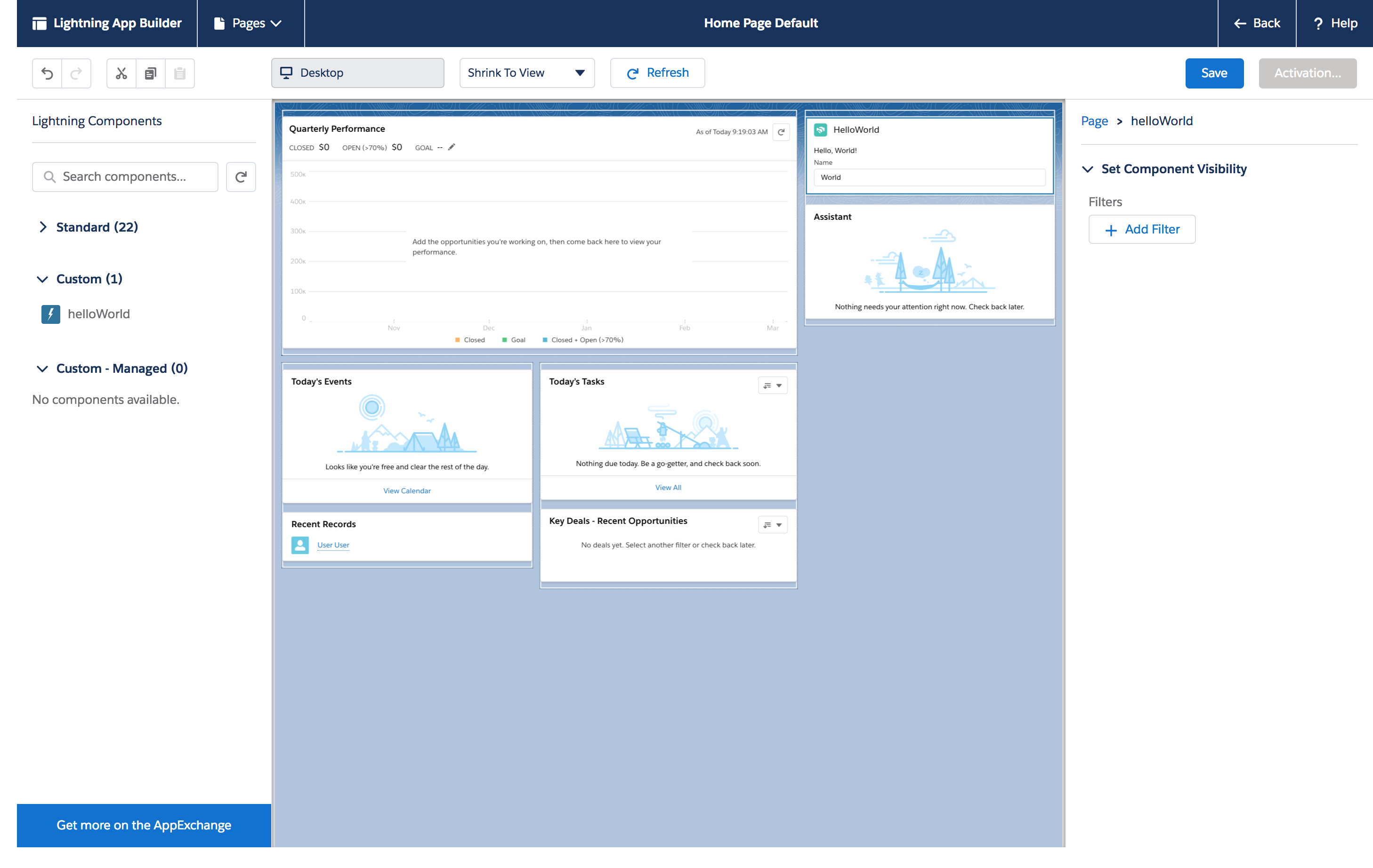 右列に HelloWorld Lightning Web コンポーネントが配置された Lightning アプリケーションビルダー。