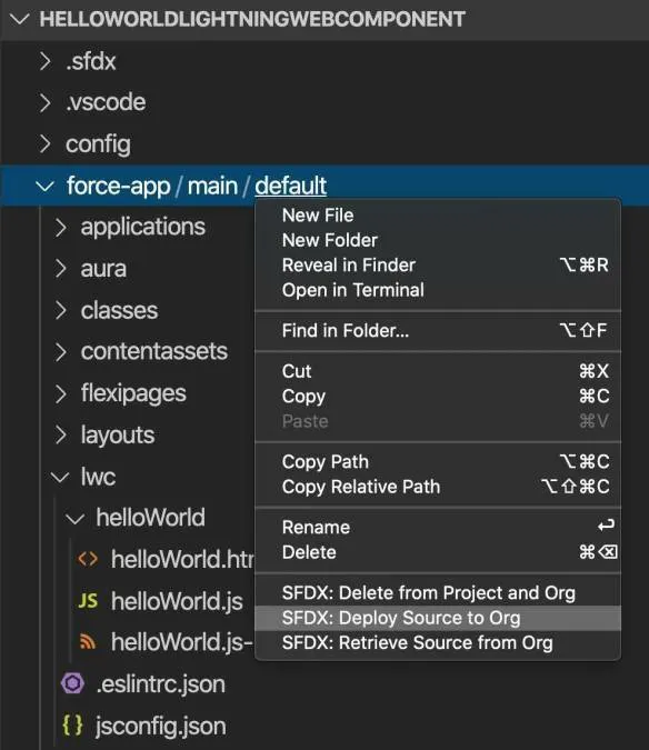 default フォルダーを右クリックし、オプションリストの [SFDX: Deploy Source to Org (SFDX: 組織にソースをリリース)] が選択されています。
