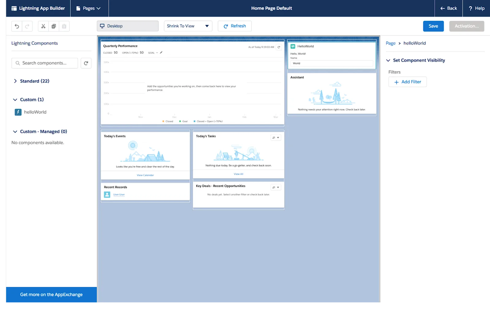 右列に HelloWorld Lightning Web コンポーネントが配置された Lightning アプリケーションビルダー。