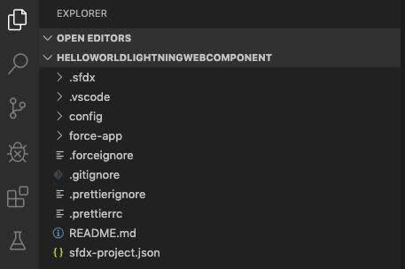 新しく作成した HelloWorldLightningWebComponent フォルダーを表示する Visual Studio Code。