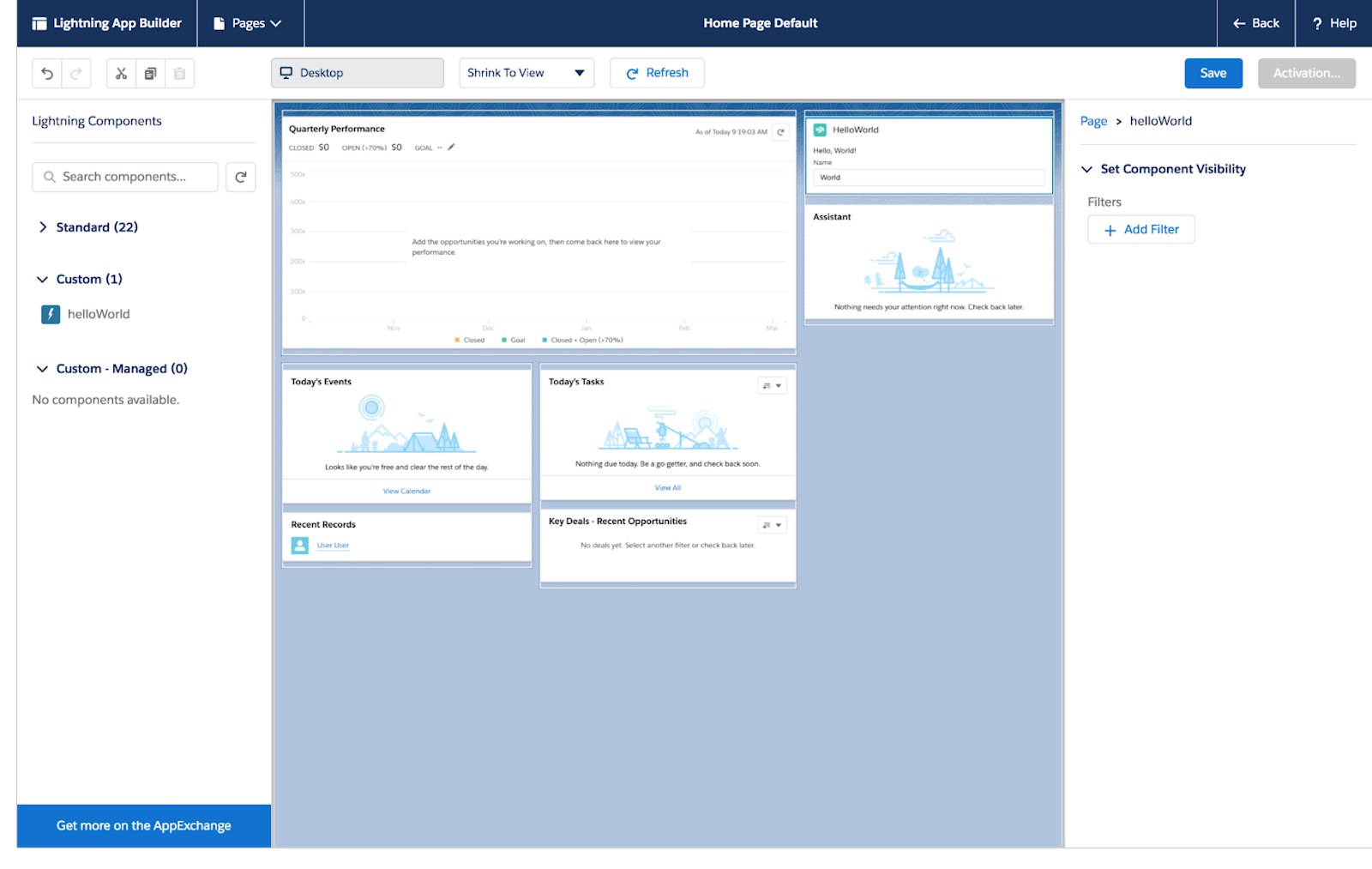 Criador de aplicativo Lightning com o componente Web do Lightning HelloWorld na coluna à direita.