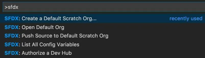 Visual Studio Code: filtro dei comandi sfdx in Visual Studio Code.