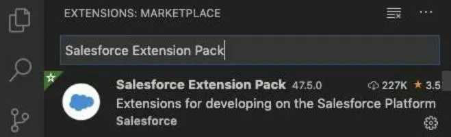 Pesquisa no Visual Studio Code pelo Pacote de extensões do Salesforce.