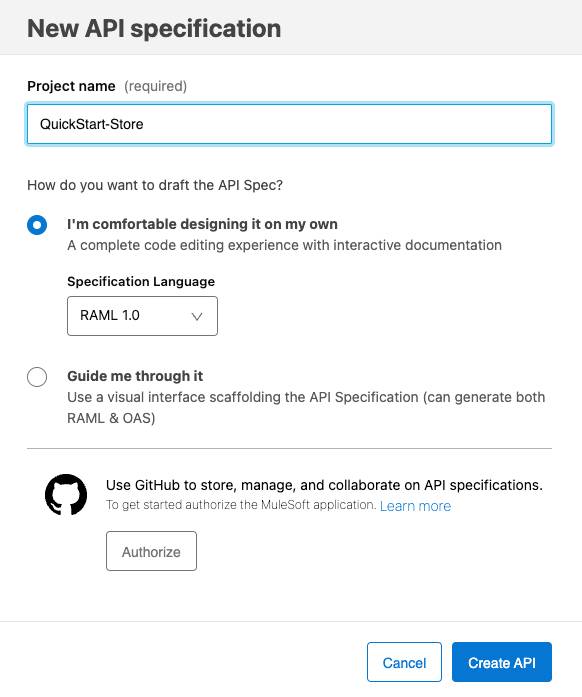 New API Specification setup screen with QuickStart-Store in Project name field and default radio button selected.