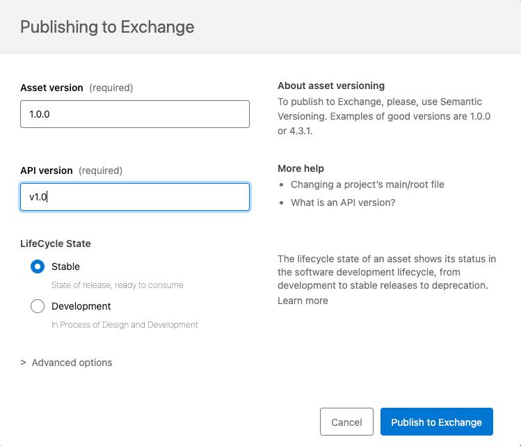 Publish to Exchange dialog box with fields for Asset version, API version, LifeCycle State picklist, and Publish to Exchange button.